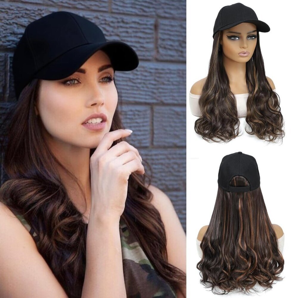 Long Baseball Cap Wig Synthetic Wavy Hair Extensions Adjustable for Women